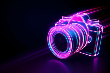 Wall Mural - Neon camera icon with purple and blue light trails isotated on black background.