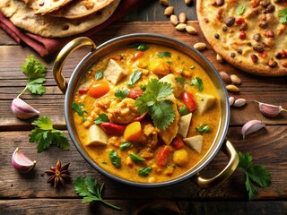 Vibrant, steaming bowl of Navratan Korma, a rich, flavorful Indian dish, with mixed nuts, fruits, and spices, garnished with fresh cilantro and naan bread.