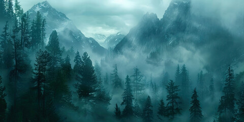 Poster - Spooky foggy forest at night