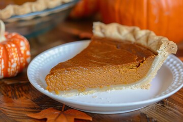 Slice of traditional pumpkin pie for Thanksgiving dinner