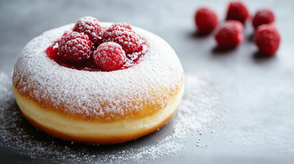 Wall Mural - Delightful raspberry-filled donut with powdered sugar on a dark surface