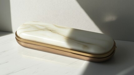 A light, gentle abstract background featuring a white and bronze glasses case with a marble pattern resting on a smooth surface