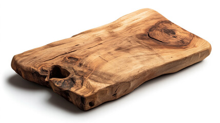 A close-up view of a rustic wooden cutting board with natural grain and imperfections, isolated on a white background.