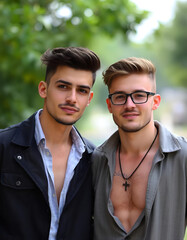 Wall Mural - gay couple, smiling on the street, blurred green foliage background, blonde, outdoors during daytime