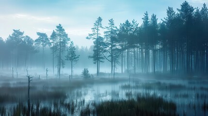 Wall Mural - misty swamp landscape with towering trees in the backdrop atmospheric nature photography