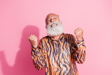 Sticker - Photo of crazy emotional old man feel rejoice raise fists up win isolated pastel color background