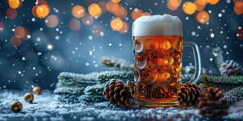 Glass of beer on christmas winter background with copyspace