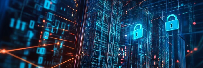Poster - Glowing lock icons and network connections representing cyber security in a digital cityscape.