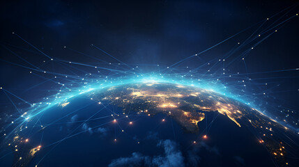 Wall Mural - a perspective of earth from space featuring a mesh of glowing connection points and linkages symboli