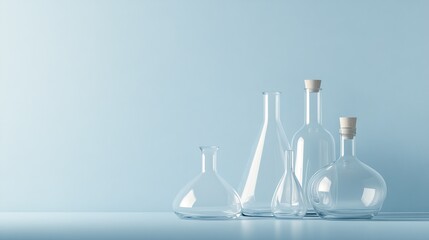 Wall Mural - clear test tubes and flasks filled with liquid are arranged on a table in a laboratory with a calmin