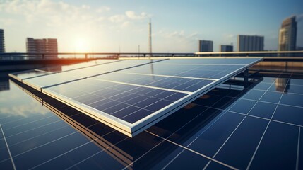 Wall Mural - A photo of a solar panel array on a rooftop with reflection