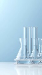 Wall Mural - clear test tubes and flasks filled with liquid are arranged on a table in a laboratory with a calmin