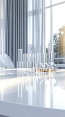 Wall Mural - clear test tubes and flasks filled with liquid are arranged on a table in a laboratory with a calmin