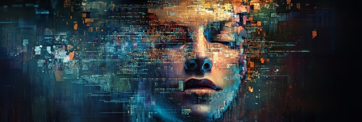 Aufkleber - Digital face composed of glitching data streams on a dark abstract background. Represents cybersecurity and digital identity.