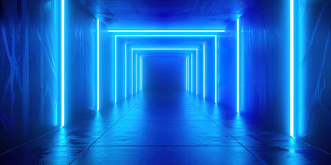 Wall Mural - Tunnel in blue neon tones, abstract background