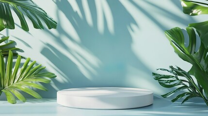 Wall Mural - A clean, light blue background with shadows, Gorgeous scene, carefully arranged, an empty white podium, Surrounded by tropical plant leaves