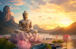 © Prasanth - buddha sitting on a lotus flower, with a background of the sky with the sun and mountains