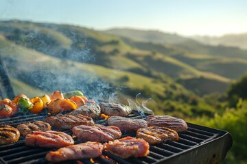 savory grilled meats and vegetables on a barbecue grill, with flames and smoke rising high, set against a picturesque backdrop of rolling green hills and a clear blue sky