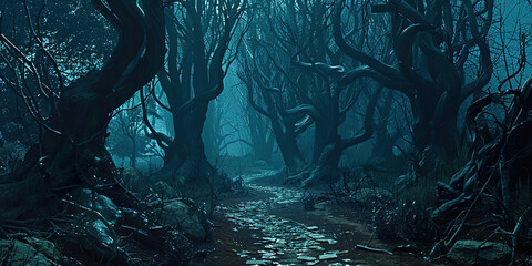 Poster - Spooky foggy forest at night