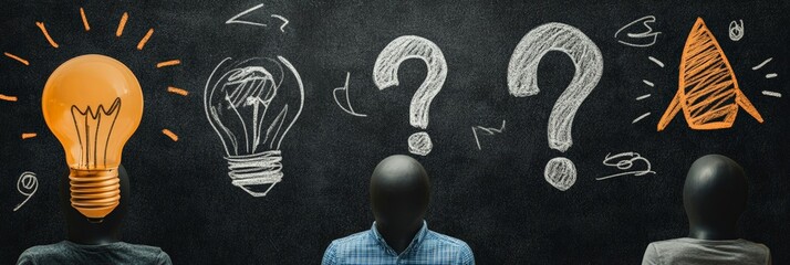 Poster - Three faceless figures under chalk-drawn light bulbs and question marks on a black background. Represents creativity, ideas, and problem-solving.