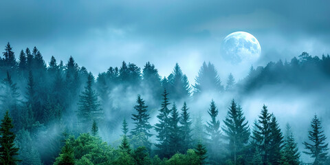 Poster - A gloomy misty forest against the background of the moon