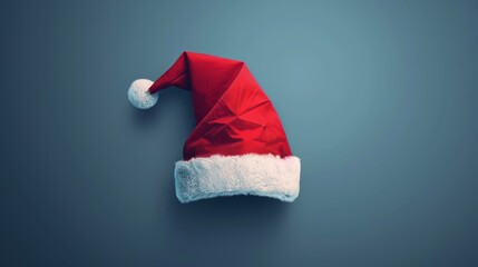 Classic red Santa hat with white fur trim on a plain blue background. Ideal for Christmas and holiday designs