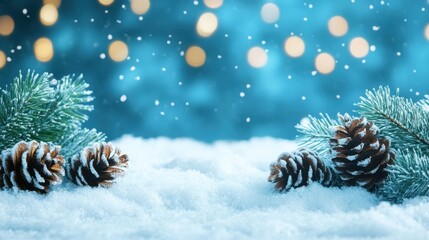 Wall Mural - Snow-covered pine cones and branches with festive bokeh lights in the background.