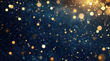 Abstract background with gold stars, particles and sparkling on navy blue. Christmas Golden light shine particles bokeh on navy blue background. 2024 New year background. Gold foil texture.