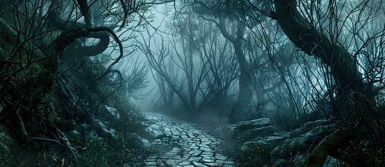 Poster - Spooky foggy forest at night