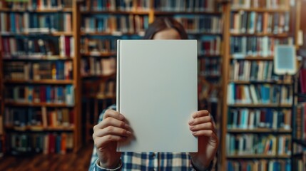 Female student holding up a blank book in front of her face in a library filled with books.