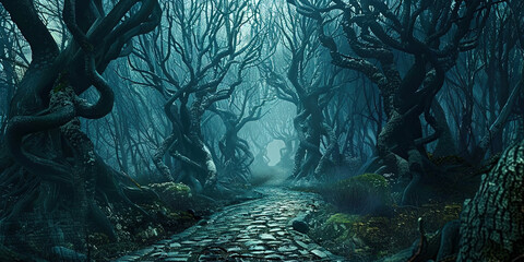 Poster - Spooky foggy forest at night