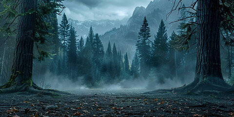 Poster - Spooky foggy forest at night