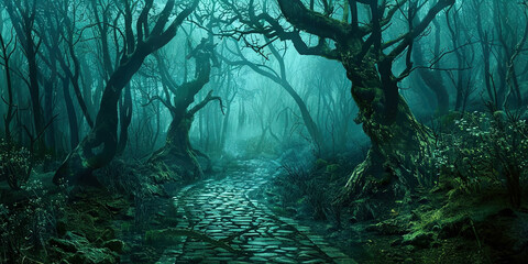 Poster - Spooky foggy forest at night