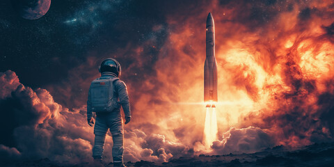 Wall Mural - A man in a spacesuit stands on a planet with a rocket in the background