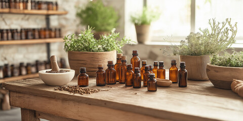 A table with many bottles of essential oils and herbs