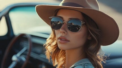 Sticker - Woman in Sunglasses and Hat in Vintage Car