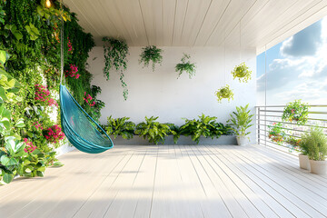 A large terrace with light-colored wooden flooring, decorated with green plants and flowers on the side of the wall