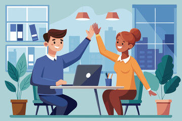 Two animated professionals high-five across a desk with a laptop in a modern office. The scene conveys a sense of achievement, teamwork, and positivity. 
