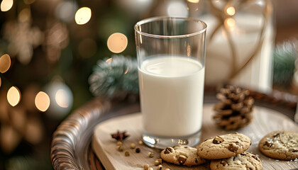 close up view of glass of milk with cookies on wooden table over Christmas background