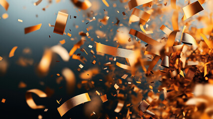 Wall Mural - Close-up of golden confetti and ribbons floating in the air against a dark background.