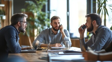 Poster - Three professionals engaged in a discussion during a meeting in a modern office setting with plants and natural light