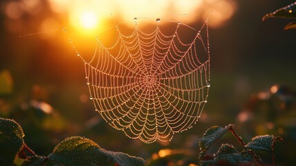 Wall Mural - Spider Web with Dewdrops in the Sunrise