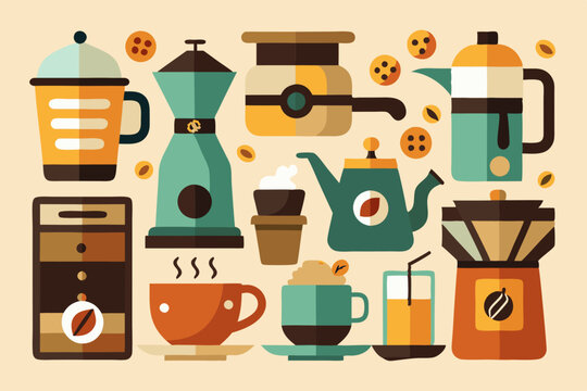 This set of clean, simple illustrations showcases various coffee cups and brewing methods. Ideal for modern coffee culture, it highlights different styles and designs in a minimalist approac
