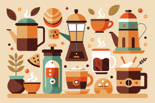 This set of clean, simple illustrations showcases various coffee cups and brewing methods. Ideal for modern coffee culture, it highlights different styles and designs in a minimalist approac
