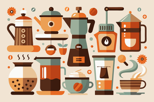 This set of clean, simple illustrations showcases various coffee cups and brewing methods. Ideal for modern coffee culture, it highlights different styles and designs in a minimalist approac
