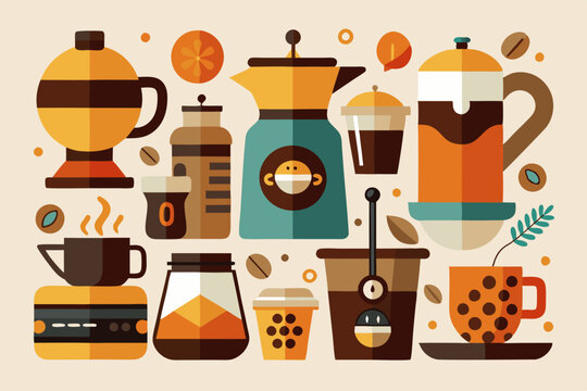 This set of clean, simple illustrations showcases various coffee cups and brewing methods. Ideal for modern coffee culture, it highlights different styles and designs in a minimalist approac
