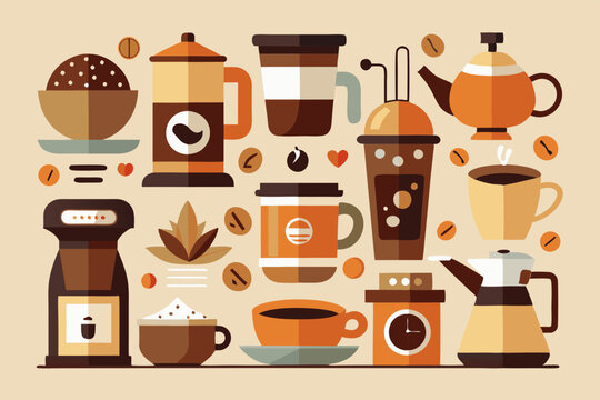 This set of clean, simple illustrations showcases various coffee cups and brewing methods. Ideal for modern coffee culture, it highlights different styles and designs in a minimalist approac
