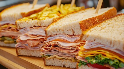 A variety of sandwiches filled with meats and vegetables arranged on a wooden plank