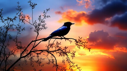 Sticker - Blue Jay Silhouette at Sunset. Nature Landscape with Sky and Tree