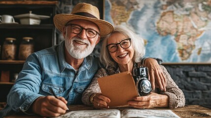 Cheerful senior couple planning vacation at home